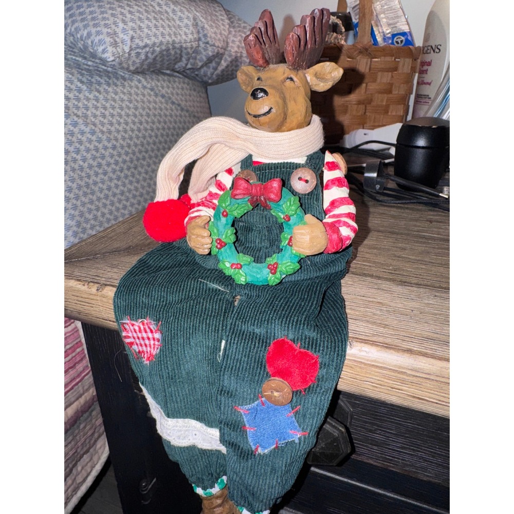 Vintage Christmas Reindeer Shelf Sitter Figurine Corduroy Overalls Wreath 14in
